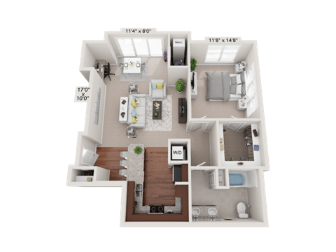 Floor plan for 1 bed, 1 bath, 976 sqft